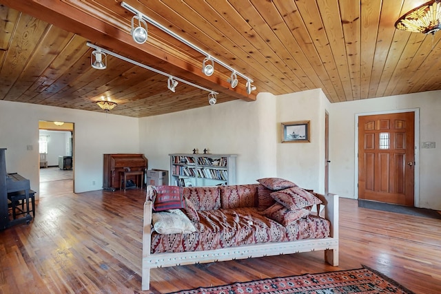 living room with hardwood / wood-style floors and wooden ceiling