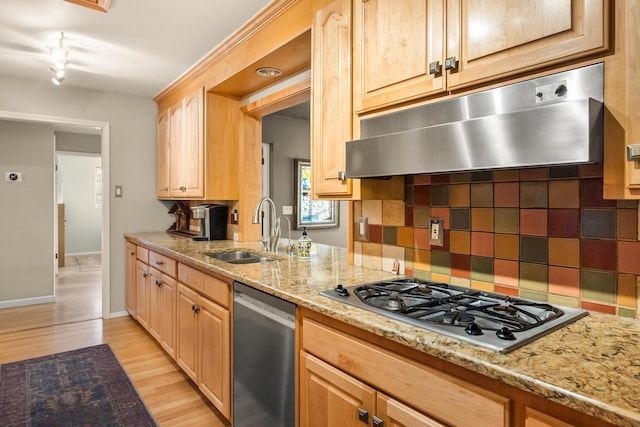 kitchen with tasteful backsplash, light stone counters, stainless steel appliances, under cabinet range hood, and a sink