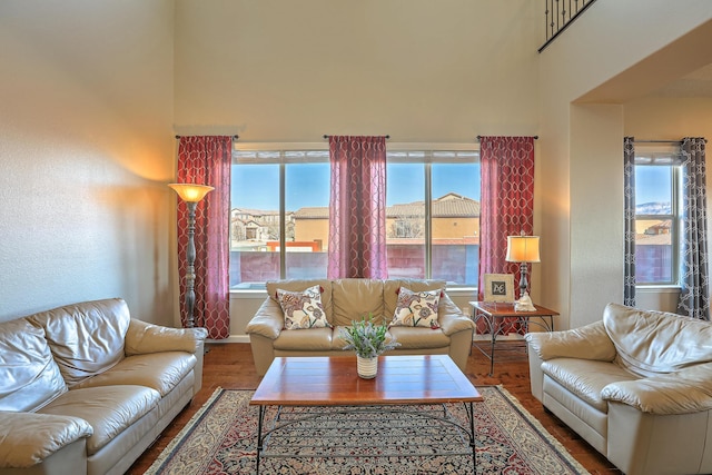 living room with a towering ceiling and hardwood / wood-style floors