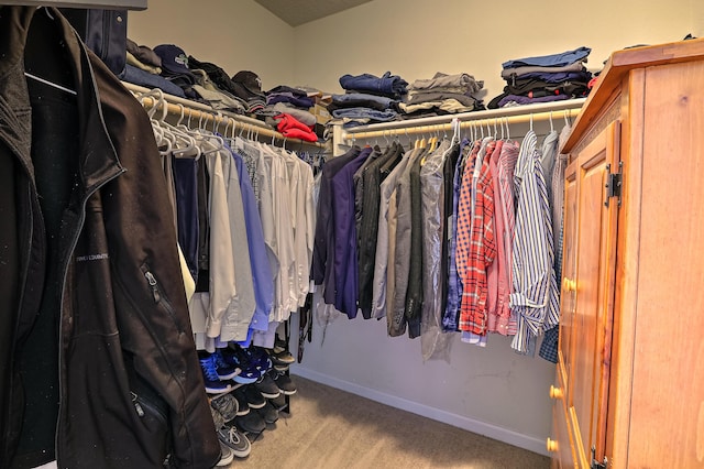 walk in closet with light colored carpet