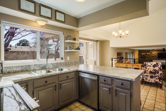 kitchen featuring gray cabinetry, sink, stainless steel dishwasher, and kitchen peninsula