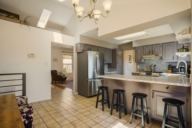 kitchen featuring lofted ceiling, sink, stainless steel appliances, a kitchen breakfast bar, and tasteful backsplash