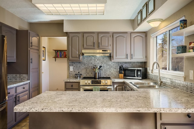 kitchen with appliances with stainless steel finishes, sink, backsplash, exhaust hood, and kitchen peninsula