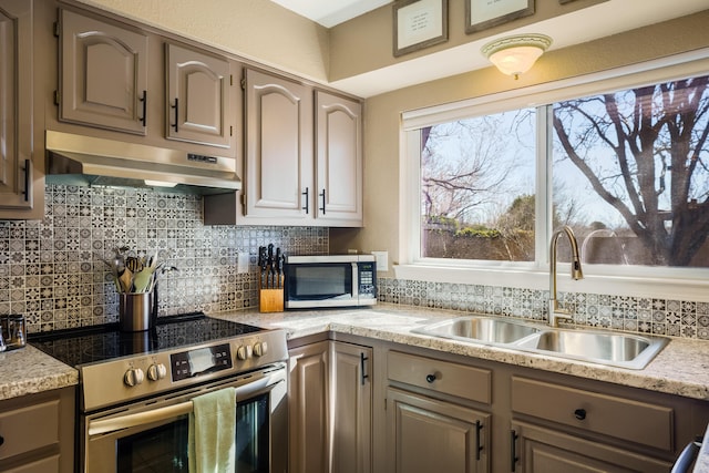 kitchen featuring sink, gray cabinetry, stainless steel appliances, tasteful backsplash, and exhaust hood