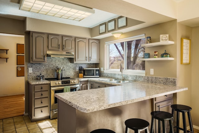 kitchen featuring appliances with stainless steel finishes, a breakfast bar, sink, and range hood