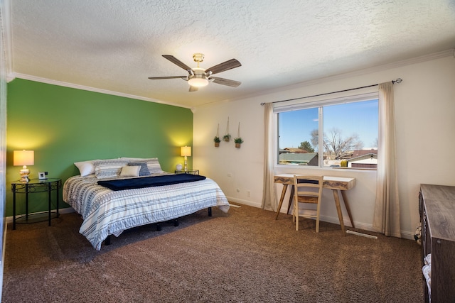 bedroom featuring dark carpet, ceiling fan, crown molding, and a textured ceiling