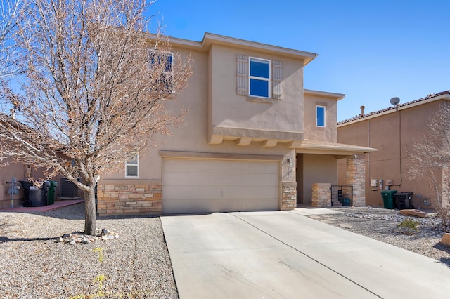 view of front of house with a garage, central AC, stone siding, concrete driveway, and stucco siding