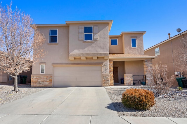 view of front of home featuring an attached garage, covered porch, stone siding, concrete driveway, and stucco siding