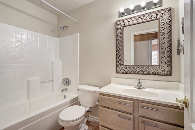 full bathroom with toilet, vanity, bathtub / shower combination, and a textured ceiling