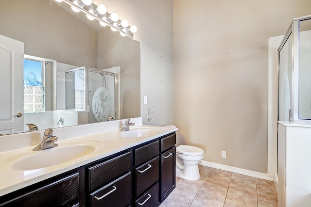 bathroom with tile patterned flooring, vanity, toilet, and walk in shower