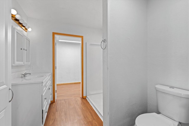 bathroom featuring vanity, wood-type flooring, and toilet