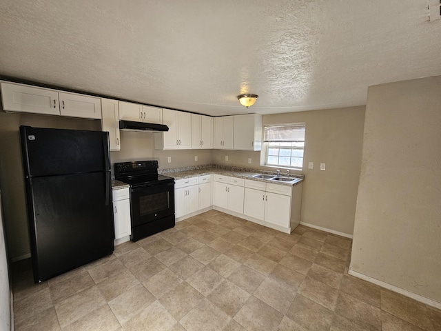 kitchen featuring white cabinets, sink, a textured ceiling, and black appliances