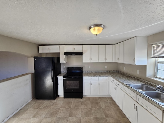 kitchen featuring sink, white cabinets, a textured ceiling, and black appliances