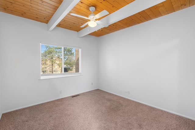 unfurnished room with wood ceiling, beam ceiling, ceiling fan, and carpet flooring