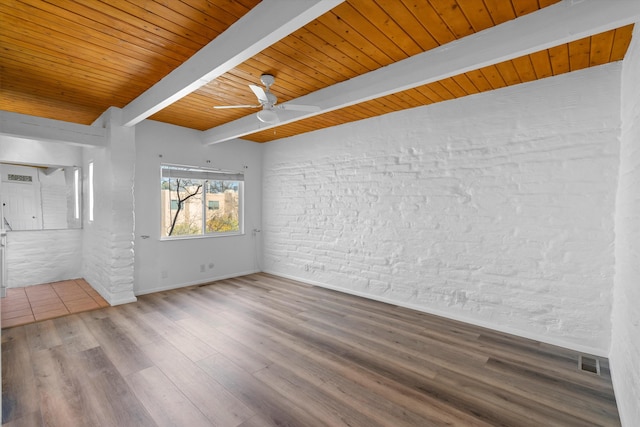 empty room with ceiling fan, beam ceiling, wood-type flooring, brick wall, and wooden ceiling