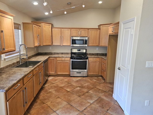 kitchen featuring lofted ceiling, stainless steel appliances, and sink