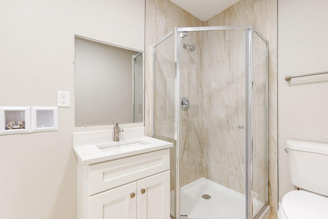 full bath featuring toilet, a stall shower, and vanity