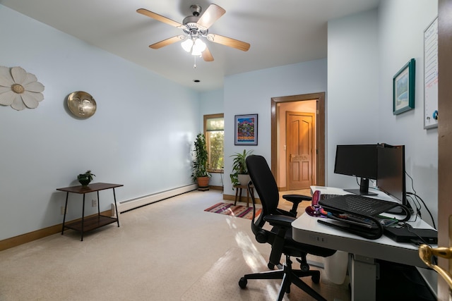 office area featuring ceiling fan, light colored carpet, and baseboard heating