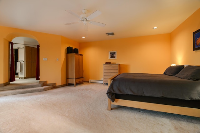 carpeted bedroom featuring ceiling fan and a baseboard radiator