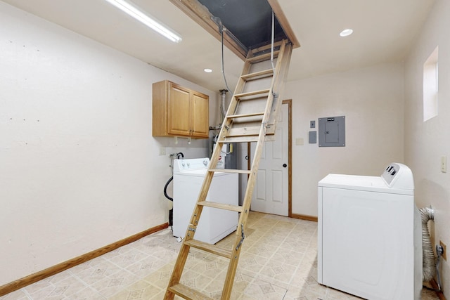 clothes washing area featuring washing machine and clothes dryer, electric panel, and baseboards