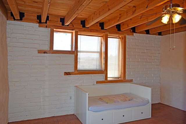 bathroom with wood ceiling, ceiling fan, and beam ceiling