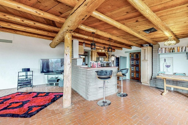 kitchen with wood ceiling, visible vents, and beam ceiling