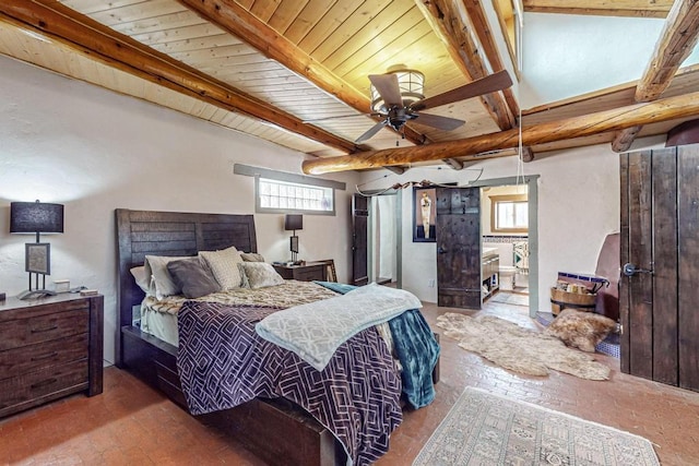 bedroom featuring wooden ceiling, brick floor, and beam ceiling