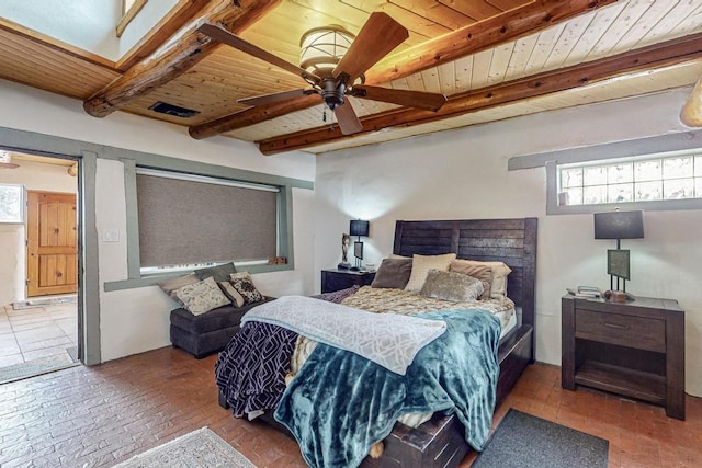 bedroom featuring brick floor, wood ceiling, and beam ceiling