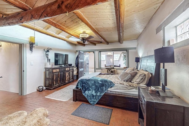 bedroom with brick floor, wood ceiling, and beamed ceiling