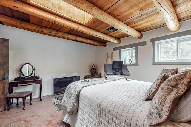 bedroom featuring brick floor, wooden ceiling, and beamed ceiling