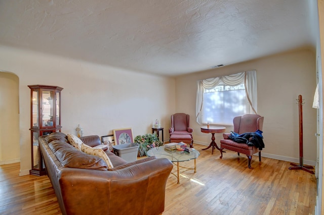 living room with a textured ceiling and light wood-type flooring