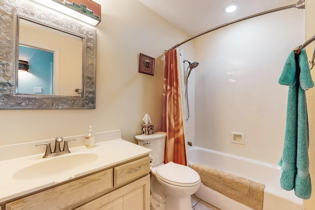 full bathroom featuring shower / bath combination with curtain, vanity, and toilet