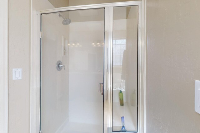 bathroom featuring a shower with door