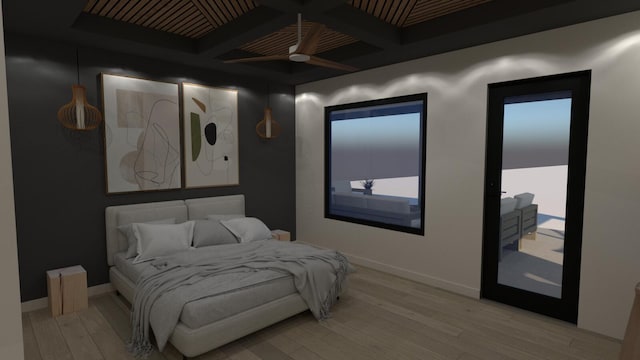 bedroom with light wood-style flooring, beamed ceiling, baseboards, and coffered ceiling