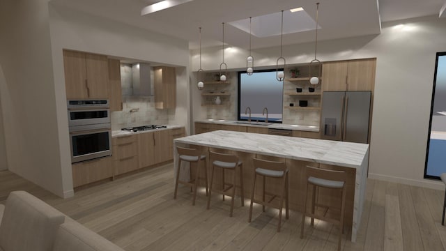 kitchen with a sink, open shelves, modern cabinets, and stainless steel appliances