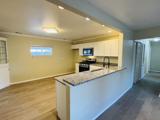 kitchen featuring visible vents, light wood-type flooring, a sink, light stone counters, and appliances with stainless steel finishes