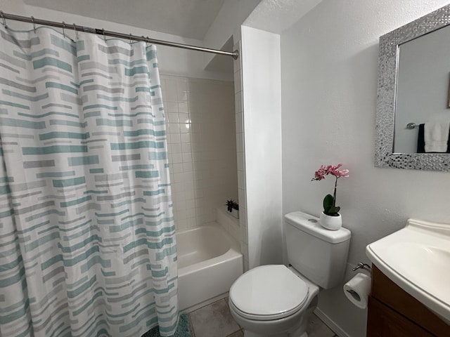 bathroom featuring toilet, shower / tub combo, tile patterned floors, and vanity