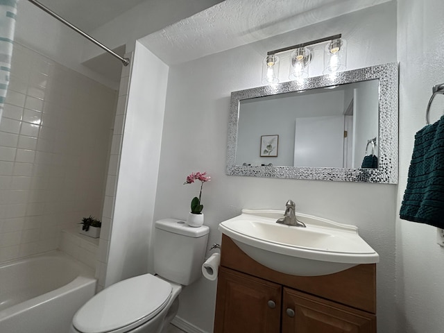 full bathroom with toilet, shower / washtub combination, vanity, and baseboards