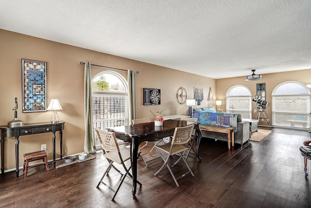 dining room with dark hardwood / wood-style flooring, a textured ceiling, and a wealth of natural light