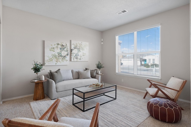 living room with light carpet and a textured ceiling