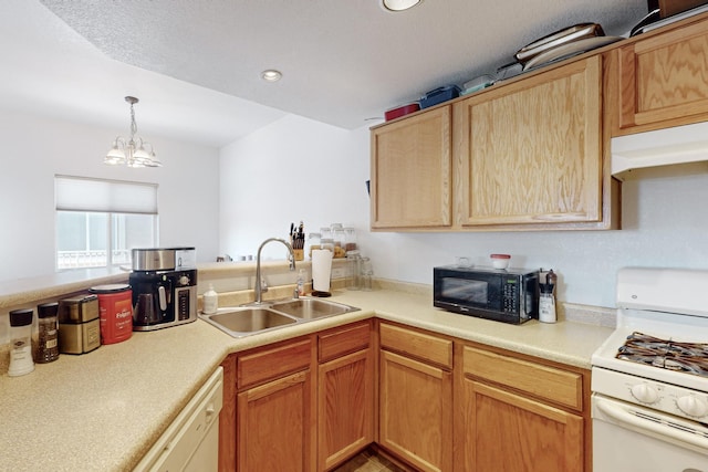 kitchen with light brown cabinetry, sink, hanging light fixtures, white appliances, and an inviting chandelier