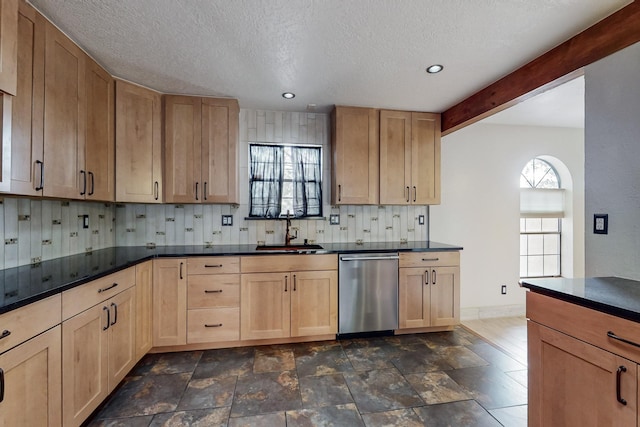 kitchen featuring a sink, plenty of natural light, stainless steel dishwasher, and dark countertops