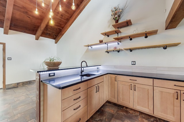 kitchen featuring light brown cabinets, a sink, open shelves, lofted ceiling with beams, and wooden ceiling