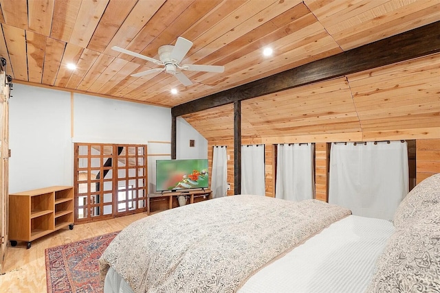 bedroom featuring light hardwood / wood-style flooring, wooden ceiling, and lofted ceiling with beams