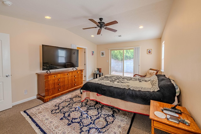 bedroom featuring lofted ceiling, carpet floors, visible vents, baseboards, and access to outside