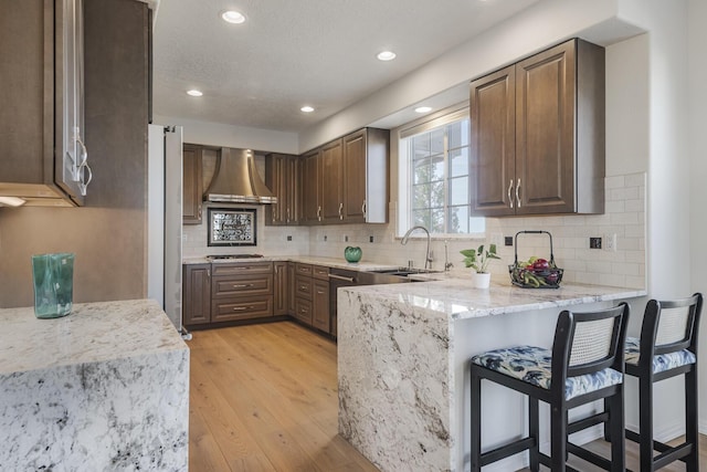 kitchen with appliances with stainless steel finishes, a sink, wall chimney range hood, light wood-type flooring, and a peninsula