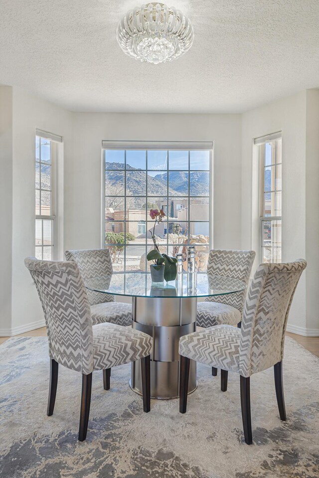 dining space featuring baseboards, plenty of natural light, a mountain view, and a notable chandelier