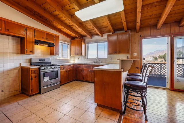 kitchen featuring stainless steel range with gas cooktop, light countertops, a peninsula, under cabinet range hood, and a kitchen breakfast bar