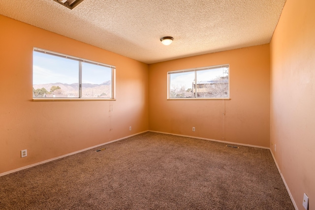 carpeted spare room featuring a healthy amount of sunlight, baseboards, a mountain view, and a textured ceiling