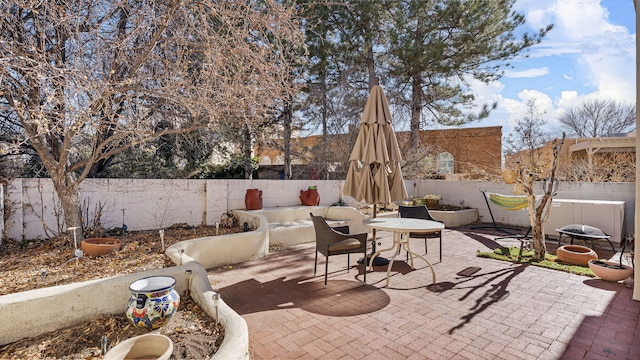 view of patio / terrace featuring a fenced backyard and outdoor dining area